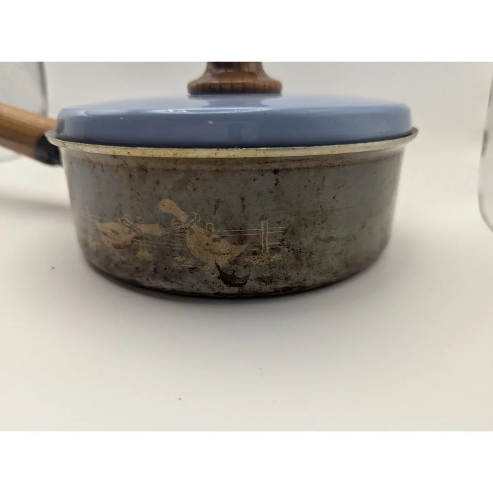 Vintage Mirro Blue‎ Saucepan 1 Qt Wood Handle Country Geese Retro Cookware USA